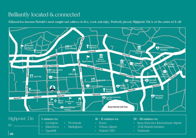 Highpoint 336 is brilliantly located and connected within Kilimani, close to schools, hospitals, malls and Nairobi's major road network.