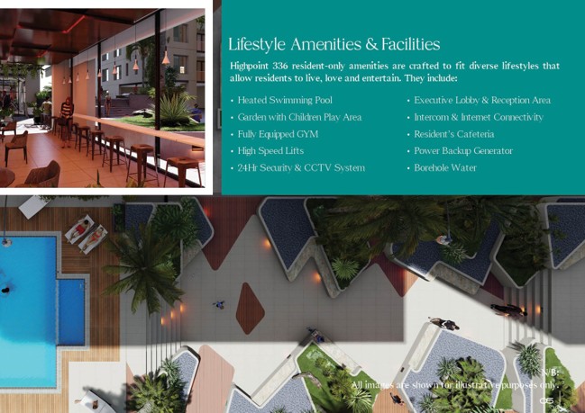 The heated pool, landscaped garden and lounge deck at Highpoint 336 — five-star hotel-style amenities for residents.