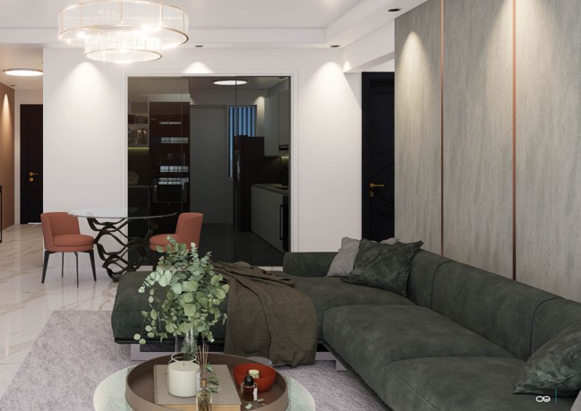 Open-plan living and dining areas are finished with contemporary, hotel-inspired materials and warm lighting.